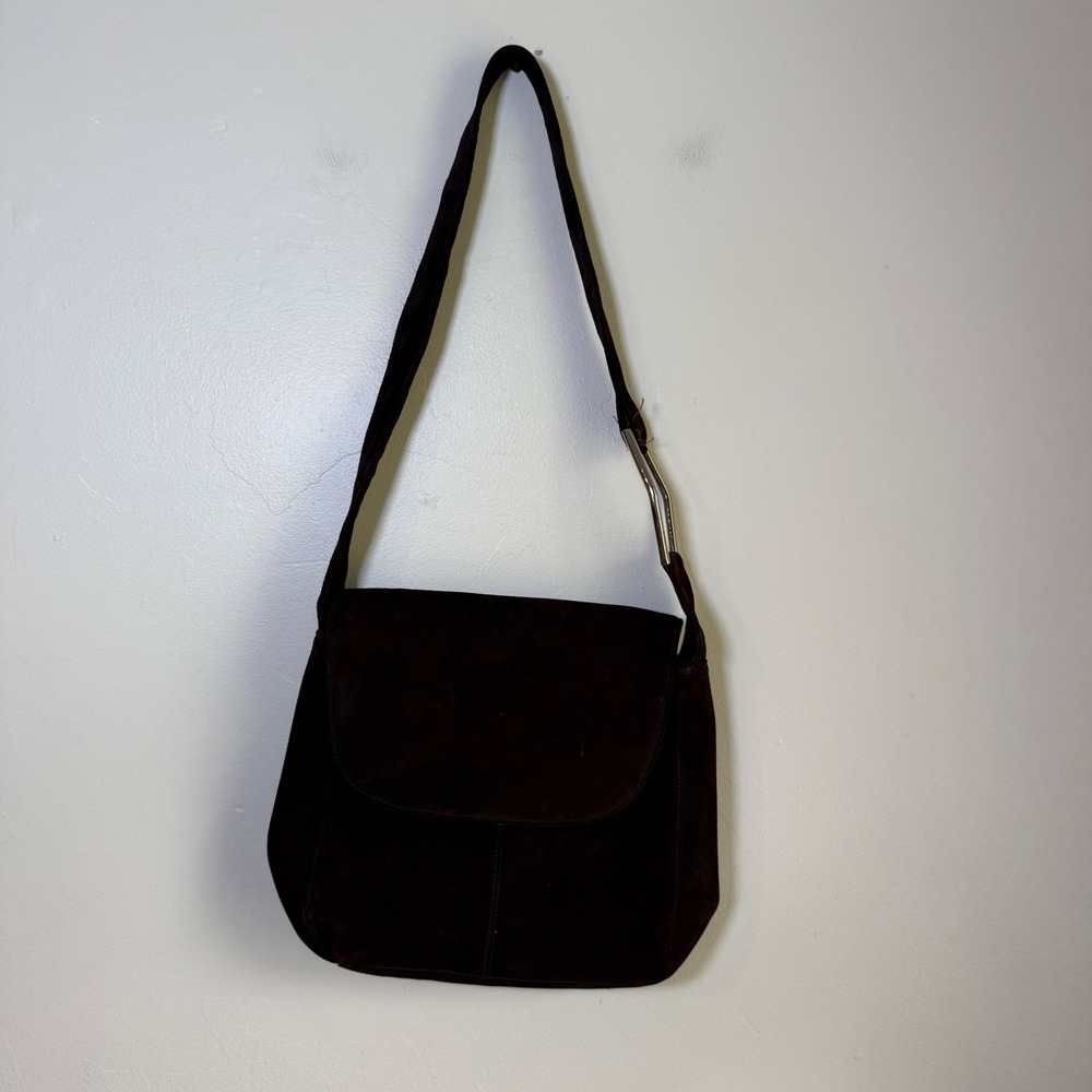 Diamicci Vintage 90s Minimalist Suede Flap Shoulder Bag Size Medium Dark Brown